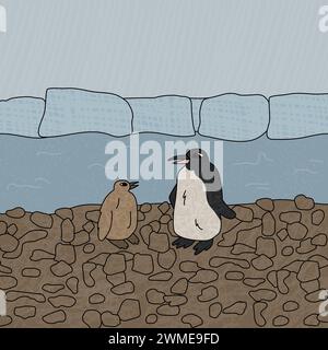 Manchot royal et un poussin. Illustration de dessin animé dessinée à la main vectorielle. Deux oiseaux antarctiques sur la plage près de la mer et des icebergs. Polaire texturé Illustration de Vecteur