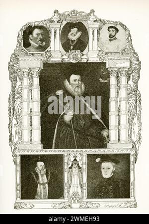 Intitulée « Effigies of the Mary Stuart Tragedy », cette image montre de haut en bas, de gauche à droite: comte de Bothwell (troisième époux de Mary Stuart), Sir Umnas Paulet (maître de donjon de Mary Stuart), David Riccio (secrétaire de Mary Stuart), William Cecil / Lord Burleigh (chancelier de la reine Elizabeth), Robert Dudley (comte de Leicester), Lord Henry Dudley (deuxième époux de Mary Stuart). Marie, reine d'Écosse, également connue sous le nom de Marie Stuart ou Marie Ière d'Écosse, est décédée en 1587. Elle est reine d'Écosse du 14 décembre 1542 jusqu'à son abdication forcée en 1567. Le seul enfant légitime survivant de James V o Banque D'Images