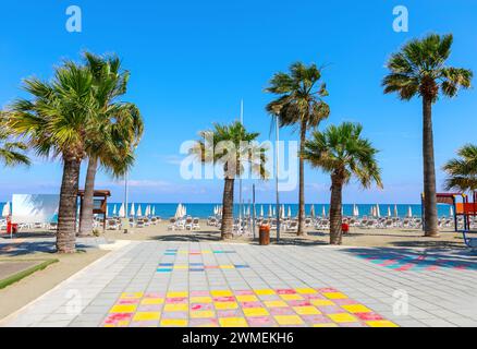 Palmiers et transats sur la plage Mackenzie à Larnaca Chypre Banque D'Images