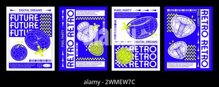 Disposition de conception d'affiche et de couverture dans le style y2k avec des formes techno simples abstraites de grille. Ensemble de vecteur de bannière bleu vif rétro dans l'esthétique rétro des années 2000 w Illustration de Vecteur