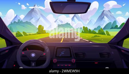 Vue de la voiture à travers le pare-brise sur la route allant à travers la prairie avec l'herbe verte aux hautes montagnes rocheuses sous le ciel bleu avec des nuages. Paysage d'été Thr Illustration de Vecteur