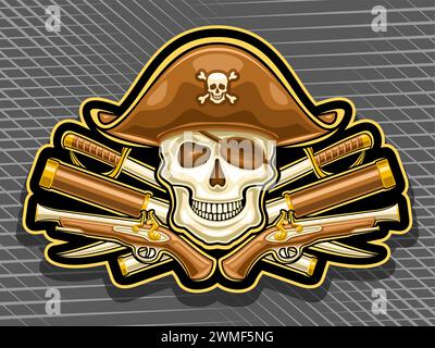 Logo vectoriel pour Pirate Skull, affiche horizontale avec illustration du crâne souriant en chapeau de mer et cache-oeil pirate, crête décorative avec design d'art pi Illustration de Vecteur