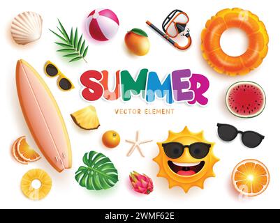 Design d'ensemble vectoriel de plage d'éléments d'été. Éléments d'été planche de surf, soleil joyeux, lunettes de soleil, coquillages et fruits tropicaux isolés en blanc. Vecteur Illustration de Vecteur