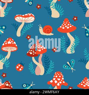 Motif sans couture de champignons amanita. Illustration vectorielle dessinée à la main de l'amanita rouge parmi les branches des arbustes et des plantes sur un backgroun vert foncé Illustration de Vecteur