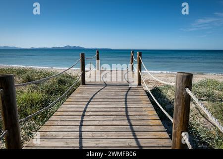 Chemin en bois pour protéger les dunes, Arenal de sa Canova, Artà - Santa Margalida, zone naturelle d'intérêt spécial, Majorque, Iles Baléares, Espagne Banque D'Images