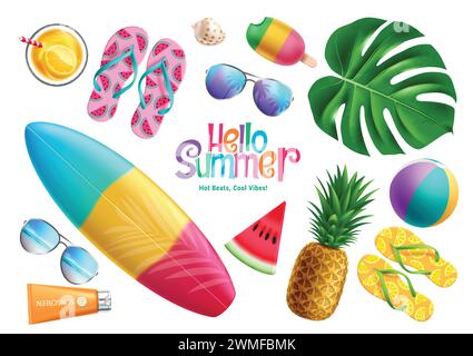 Conception d'ensemble vectoriel d'éléments d'été. Bonjour texte de voeux d'été avec planche de surf, flipflop, monstera, ananas et beachball dans des éléments de plage colorés Illustration de Vecteur