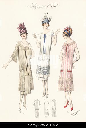 Femme en robe de mousseline de soie 11, blouse tunique en voile de soie avec longue ficelle de perles 12, et robe d'après-midi en voile plissé mousseline 13. Tous portant des chapeaux cloches décorés de rubans, de noeuds et de roses. Lithographie colorée à la main par Atelier Bachwitz de Modell-Kleider fur den Hochsommer, Elegances d’ete, Fashions for the Hot Season, Atelier Bachwitz AG, Vienne, 1925. Banque D'Images