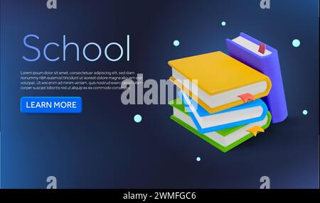 pile 3d de livres isolé sur fond. Modèle de bannière pour retour à l'école, classe, cours et semestre, université, collège, bibliothèque et librairie, connaissances. illustration vectorielle 3d. Illustration vectorielle Illustration de Vecteur