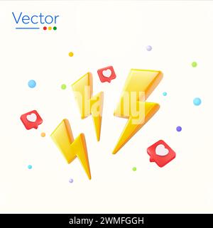 3d éclairs flash avec coeur, icônes d'amour, isolé sur fond. Concept de vente flash, promotion, célébration, événement, médias sociaux. 3d illustration vectorielle. Illustration vectorielle Illustration de Vecteur