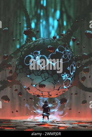 Homme debout devant la grande sphère fissurée avec lueur de l'intérieur, style d'art numérique, peinture d'illustration Banque D'Images