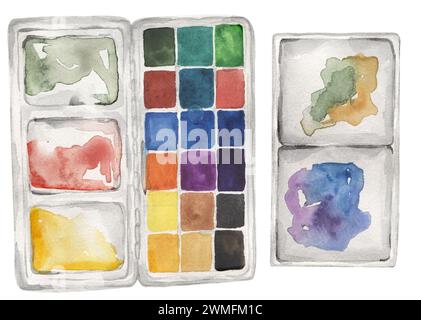 Outils d'art dessinés à la main icônes de peinture d'aquarelle dessinées à la main. Palette artistique avec illustration d'aquarelles. Le clipart de l'équipement de la personne créative Banque D'Images