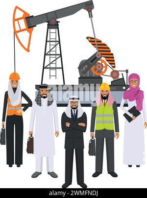 Homme d'affaires musulman arabe en vêtements nationaux traditionnels, ingénieur en uniforme de travail et casque de sécurité et pompe à huile dans le style plat. Illustration vectorielle Illustration de Vecteur