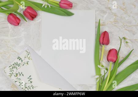 Tulipes roses sur une table en marbre avec une feuille de papier vierge à remplir. Vue de dessus, ambiance printanière, lettre d'amour. Banque D'Images