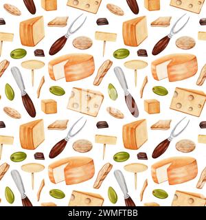 Motif sans couture avec olives vertes, morceaux de fromage, chocolat, craquelins, couteau et fourchette. Illustration d'aquarelle dessinée à la main sur fond blanc Banque D'Images