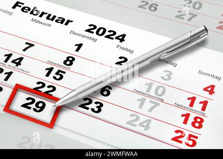Calendrier allemand 2024 février 29 mardi mercredi jeudi vendredi samedi dimanche Banque D'Images