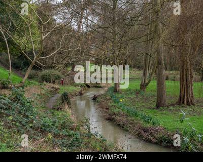Croyland Gardens en hiver avec un ruisseau qui le traverse, Wellingborough, Northamptonshire, Royaume-Uni Banque D'Images