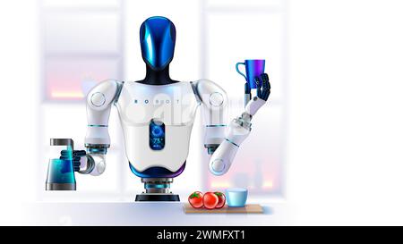 AI robot serviteur cuisinant le petit déjeuner, café à la maison dans la cuisine. L'assistant robot robot robot de cuisine tient une théière, verse le café dans une tasse. Rob Illustration de Vecteur