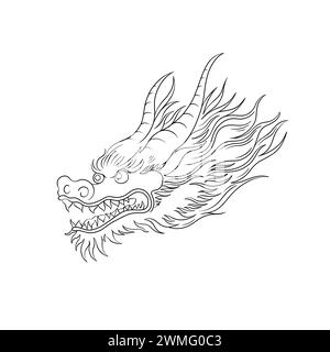 Tête de dragon vecteur chinois oriental. Symbole traditionnel du zodiaque chinois. Le dragon serpent est fabriqué dans un style linéaire dessiné à la main. Illustration de Vecteur