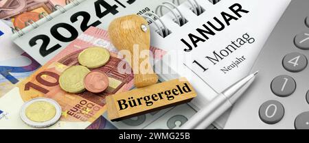 12,41 Euro salaire minimum allemand et calendrier 2024 janvier 1 lundi timbre du nouvel an et régime allemand de revenu de base Banque D'Images