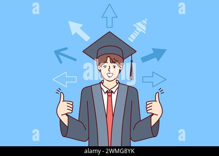 Homme, diplômé de l'université a reçu une bonne éducation, montre les doigts en haut, debout parmi les flèches. Concept d'avoir de multiples options de développement pour les diplômés d'université habillés dans la casquette et la robe académiques Illustration de Vecteur