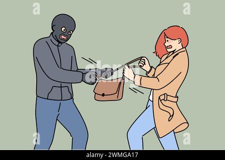 Le voleur masqué prend le sac d'une femme effrayée qui crie à l'aide de la police et ne veut pas abandonner ses effets personnels à un criminel. Le voleur vole un sac à main, voulant le portefeuille de la victime et le téléphone. Illustration de Vecteur