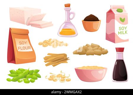 Produits de soja de dessin animé. Protéine végétale de légumineuses. Fromage tofu. Beurre végétal. Farine de graines et sauce. Succédanés de viande végétariens. Miso et lait de soja Illustration de Vecteur