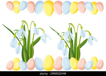 Illustration vectorielle du thème de Pâques, bouquet de fleurs de printemps des gouttes de neige et des œufs de Pâques pastel multicolores, illustration de fête de printemps sur backgro blanc Illustration de Vecteur