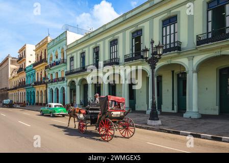 28 octobre 2019 : architectures coloniales colorées sur le Paseo del Prado, alias El Prado, une promenade à la Havane, Cuba près du mur de la vieille ville, et la division b. Banque D'Images