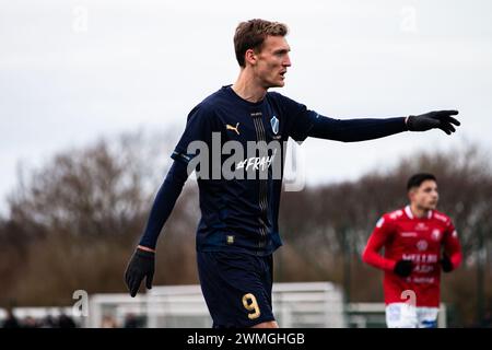 Halmstad, Suède. 25 février 2024. Viktor Granath (9 ans) de Halmstad BK vu lors du match de la Svenska Cup entre Halmstads BK et Trelleborgs FF au Sondrums IP à Halmstad. (Crédit photo : Gonzales photo/Alamy Live News Banque D'Images