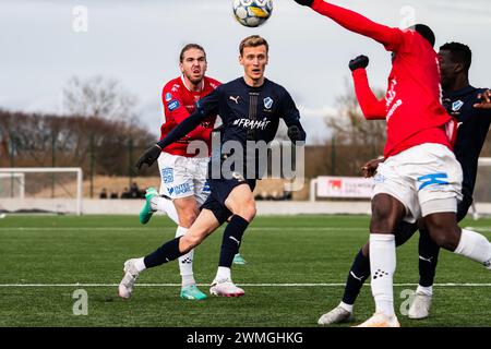 Halmstad, Suède. 25 février 2024. Viktor Granath (9 ans) de Halmstad BK vu lors du match de la Svenska Cup entre Halmstads BK et Trelleborgs FF au Sondrums IP à Halmstad. (Crédit photo : Gonzales photo/Alamy Live News Banque D'Images