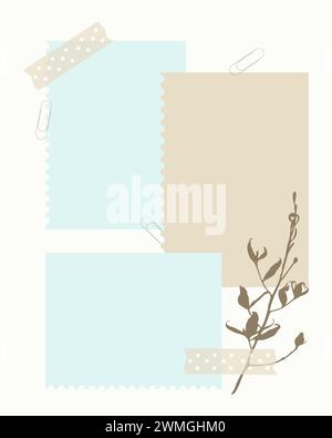Mise en page de scrapbooking magnifiquement agencée avec des couches de papier de couleur pastel dans des tons bleus et beiges, orné d'une brindille botanique et sécurisé avec Illustration de Vecteur