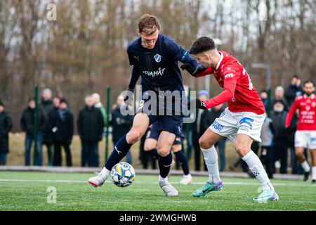 Halmstad, Suède. 25 février 2024. Viktor Granath (9 ans) de Halmstad BK vu lors du match de la Svenska Cup entre Halmstads BK et Trelleborgs FF au Sondrums IP à Halmstad. (Crédit photo : Gonzales photo/Alamy Live News Banque D'Images