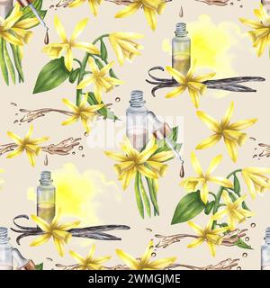 Modèle sans couture de fleurs de vanille, stics, bouteille d'huile et éclaboussure d'aquarelle. Illustration d'aquarelle florale dessinée à la main. Banque D'Images