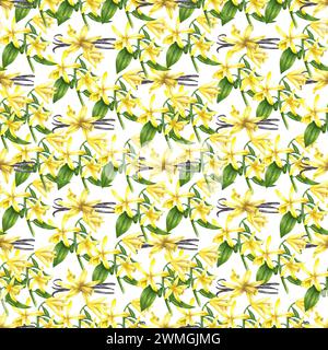 Modèle sans couture de fleurs de vanille et stics. Illustration d'aquarelle florale dessinée à la main d'orchidées et de baguettes. Banque D'Images