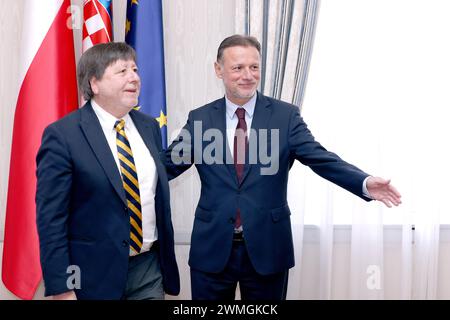 Zagreb, Croatie. 26 février 2024. Le Président du Parlement croate gordan Jandrokovic a reçu le Président de la Chambre des députés et représentant de la République du Chili Ricardo Cifuentes Lillo, qui est en visite officielle en République de Croatie le 26. Février 2024. À Zagreb, Croatie. Photo : Patrik Macek/PIXSELL crédit : Pixsell/Alamy Live News Banque D'Images