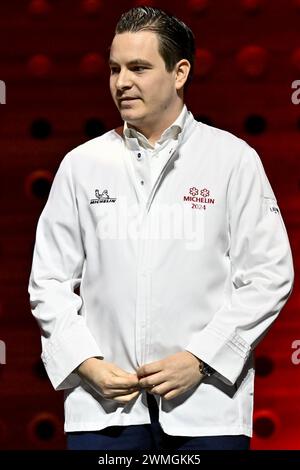Anvers, Belgique. 26 février 2024. Glenn Verhasselt, Chef du restaurant Sir Kwinten photographié lors de la présentation de la nouvelle édition du guide Michelin 2024 des restaurants et hôtels pour la Belgique et le Luxembourg, à Anvers, lundi 26 février 2024. BELGA PHOTO DIRK WAEM crédit : Belga News Agency/Alamy Live News Banque D'Images