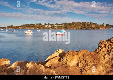 Vue depuis les falaises de calcaire de Blackwall Reach à Bicton de l'autre côté de la rivière Swan jusqu'à Mosman Park avec des bateaux sur l'eau, Perth, Australie occidentale. Banque D'Images