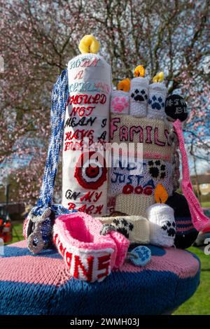 Slough, Royaume-Uni. 26 février 2024. Un topper de boîte aux lettres pro XL Bully Dogs sur une boîte aux lettres à Slough, Berkshire avec une pancarte disant « Stop BSL punir l'action, pas la race ! Tricoté par une Nanna de deux XL Bullies. À partir du 1er février 2024, posséder un tyran XL en Angleterre et au pays de Galles est devenu une infraction pénale à moins que le propriétaire ne possède un certificat d'exemption pour le chien. Cette nouvelle loi a été mise en œuvre par le Gouvernement après qu'un certain nombre de personnes ont été tuées ou grièvement blessées par des attaques lancées par des chiens tyranniques XL. Crédit : Maureen McLean/Alamy Live News Banque D'Images