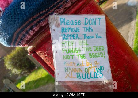 Slough, Royaume-Uni. 26 février 2024. Un topper de boîte aux lettres pro XL Bully Dogs sur une boîte aux lettres à Slough, Berkshire avec une pancarte disant « Stop BSL punir l'action, pas la race ! Tricoté par une Nanna de deux XL Bullies. À partir du 1er février 2024, posséder un tyran XL en Angleterre et au pays de Galles est devenu une infraction pénale à moins que le propriétaire ne possède un certificat d'exemption pour le chien. Cette nouvelle loi a été mise en œuvre par le Gouvernement après qu'un certain nombre de personnes ont été tuées ou grièvement blessées par des attaques lancées par des chiens tyranniques XL. Crédit : Maureen McLean/Alamy Live News Banque D'Images