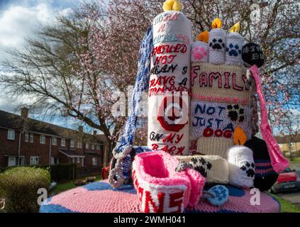 Slough, Royaume-Uni. 26 février 2024. Un topper de boîte aux lettres pro XL Bully Dogs sur une boîte aux lettres à Slough, Berkshire avec une pancarte disant « Stop BSL punir l'action, pas la race ! Tricoté par une Nanna de deux XL Bullies. À partir du 1er février 2024, posséder un tyran XL en Angleterre et au pays de Galles est devenu une infraction pénale à moins que le propriétaire ne possède un certificat d'exemption pour le chien. Cette nouvelle loi a été mise en œuvre par le Gouvernement après qu'un certain nombre de personnes ont été tuées ou grièvement blessées par des attaques lancées par des chiens tyranniques XL. Crédit : Maureen McLean/Alamy Live News Banque D'Images