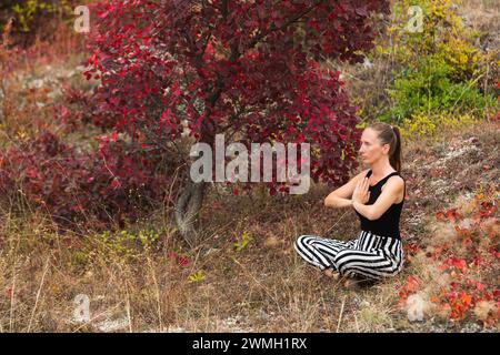 Heureuse jeune femme adulte est assise dans la position de lotus sur un fond de verdure d'automne et médite. Banque D'Images