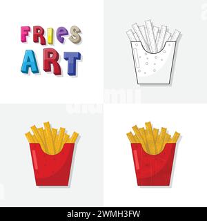Croquis d'art de sac de frites, page de coloriage, illustration de restauration rapide de frites plates et réalistes pour les enfants Illustration de Vecteur