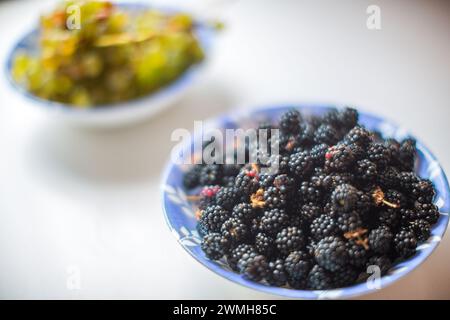 Une vue rapprochée montrant un contraste entre les mûres mûres et les raisins. Banque D'Images