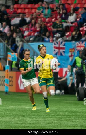 Vancouver, Canada. 24 février 2024. VANCOUVER, C.-B. - 24 FÉVRIER : joueurs en action lors du match de groupe de la série mondiale des sept 2024 de rugby entre le Brésil et l'Afrique du Sud au BC place Stadium à Vancouver, Colombie-Britannique, Canada, le 24 février 2024. (Photo de Tomaz Jr/PxImages/Sipa USA) crédit : Sipa USA/Alamy Live News Banque D'Images