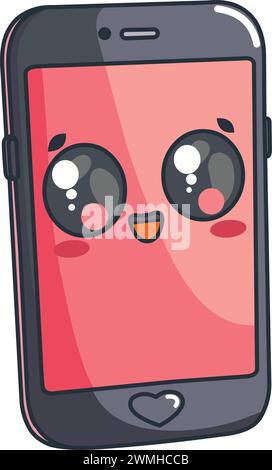 Personnage de smartphone féminin heureux dans un style chibi Illustration de Vecteur