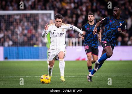 25 février 2024 ; stade Santiago Bernabeu, Madrid, Espagne, football espagnol de la Liga, Real Madrid contre Sevilla ; Brahim et Soumare Banque D'Images