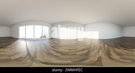 Chambre avec grande fenêtre et plancher en bois 360 panorama vr carte de l'environnement Banque D'Images