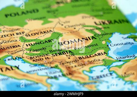 carte du monde de l'europe de l'est, roumanie, serbie, hongrie, bulgarie en gros plan Banque D'Images