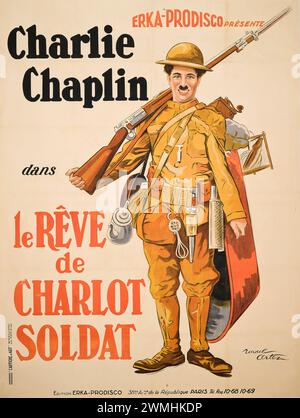 Affiche de cinéma française vintage pour Charlie Chaplin film : 'le rêve de Charlot soldat'. 1918 Banque D'Images