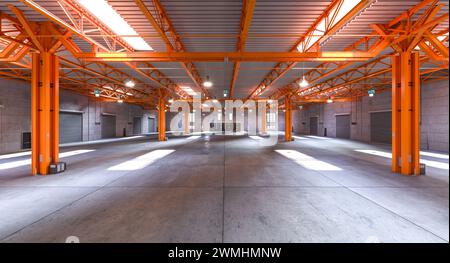 Espace d'entrepôt industriel vide avec poutres en acier orange vif et lumière naturelle. rendu 3d. Banque D'Images